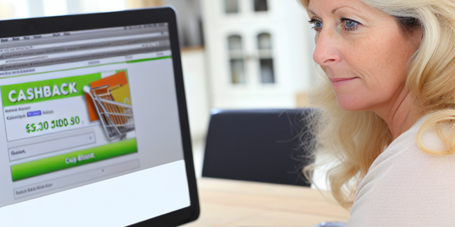 A middleaged woman browsing a cashback shopping website on her home computer