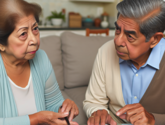 An elderly couple engaged in a serious conversation about Al 401k retirement plan.