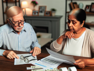 An elderly couple reviewing financial documents together at home