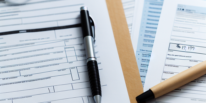 Shot of tax related documents spread on a desk