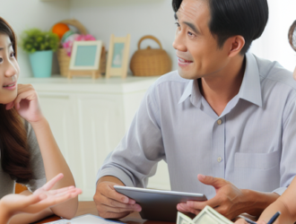 A family having a discussion at the dining table about personal finance
