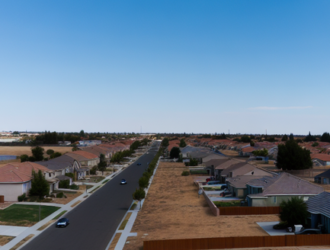 A wide shot of a calm neighborhood with affordable living