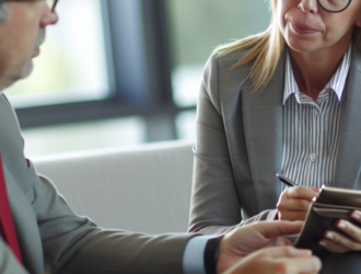 A woman having a conversation with her financial advisor in a professional setting