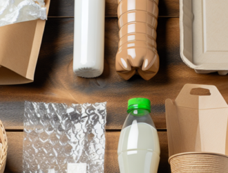 Various packaging made of biodegradable materials displayed on a wooden table